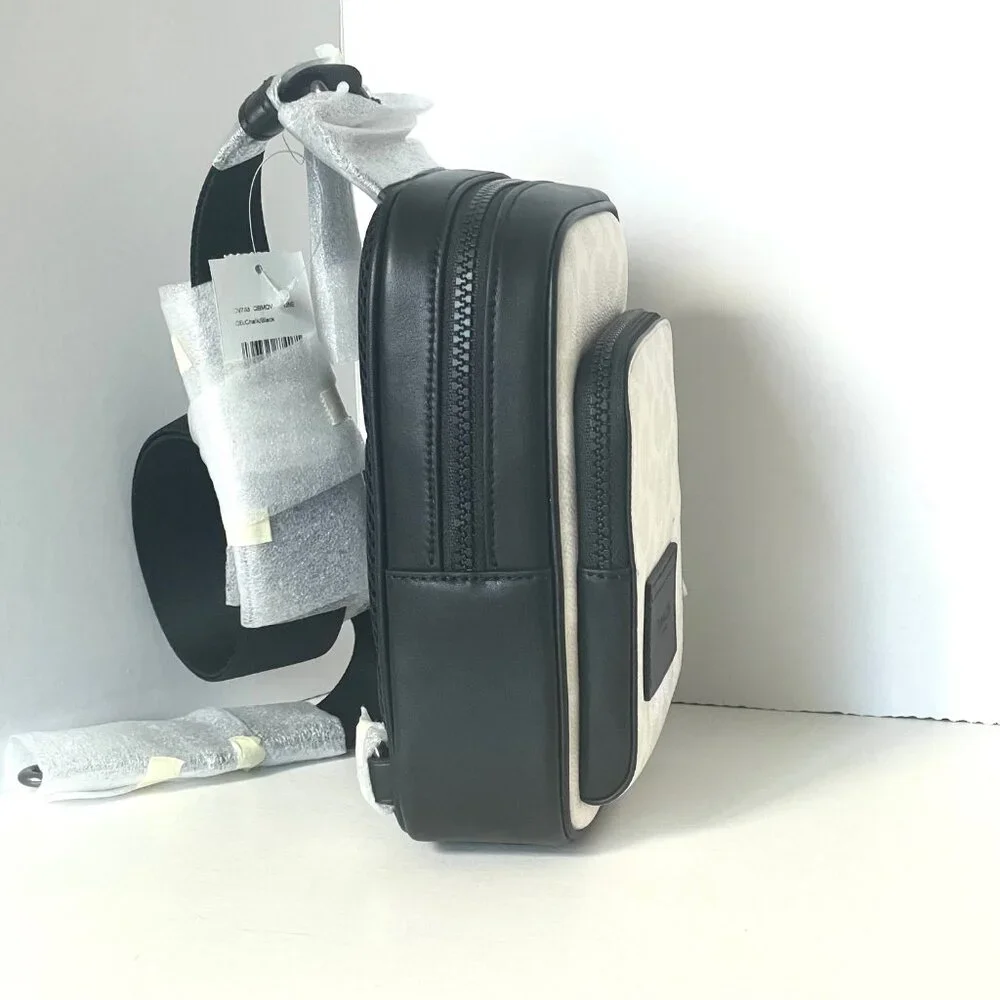 Coach Racer Sling Pack CV763 Black Chalk Signature Canvas Leather Crossbody